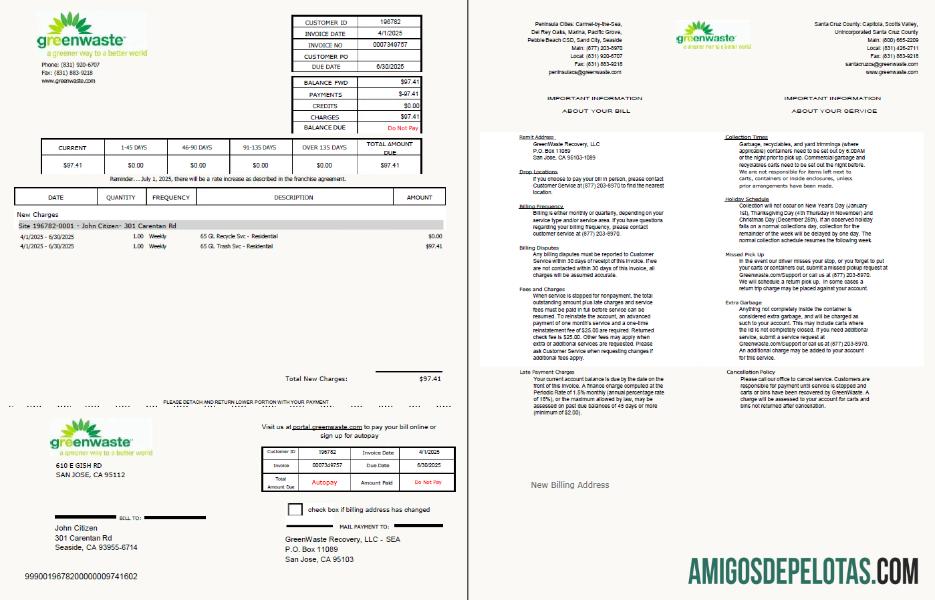 Em branco modelo de conta de serviços públicos de resíduos verdes dos EUA em formatos Word e PDF, 2 páginas